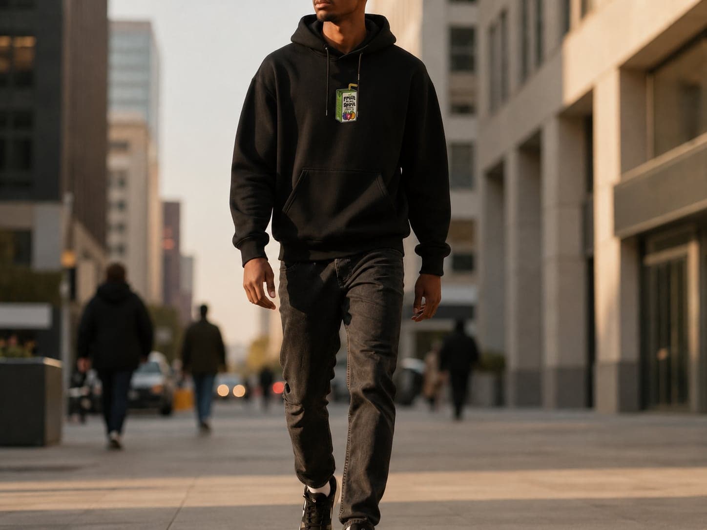 Man walking through a city street wearing a black Brothers In Christ hoodie
