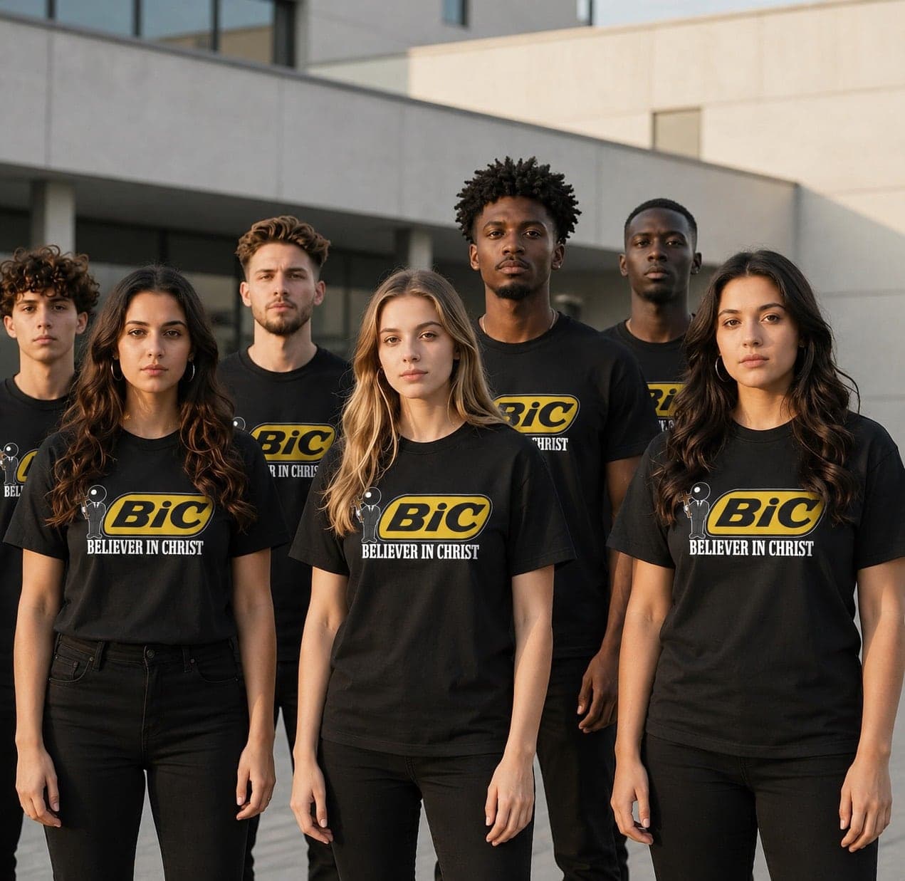 Group of young believers wearing black Believer In Christ T-shirts