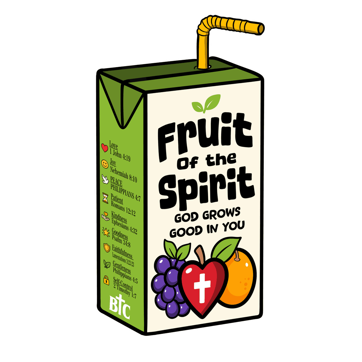 Fruit Of The Spirit artwork: a juice box reading “Fruit Of The Spirit — God grows good in you”