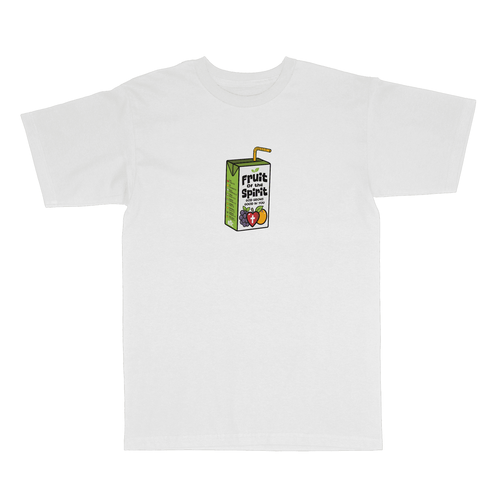 Fruit Of The Spirit T-Shirt in white, front view, juice-box artwork on chest