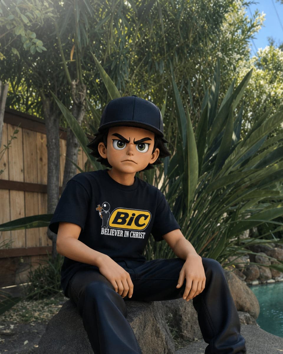 An illustrated portrait representing Tito Galeano, in a black cap and a black Believer In Christ tee