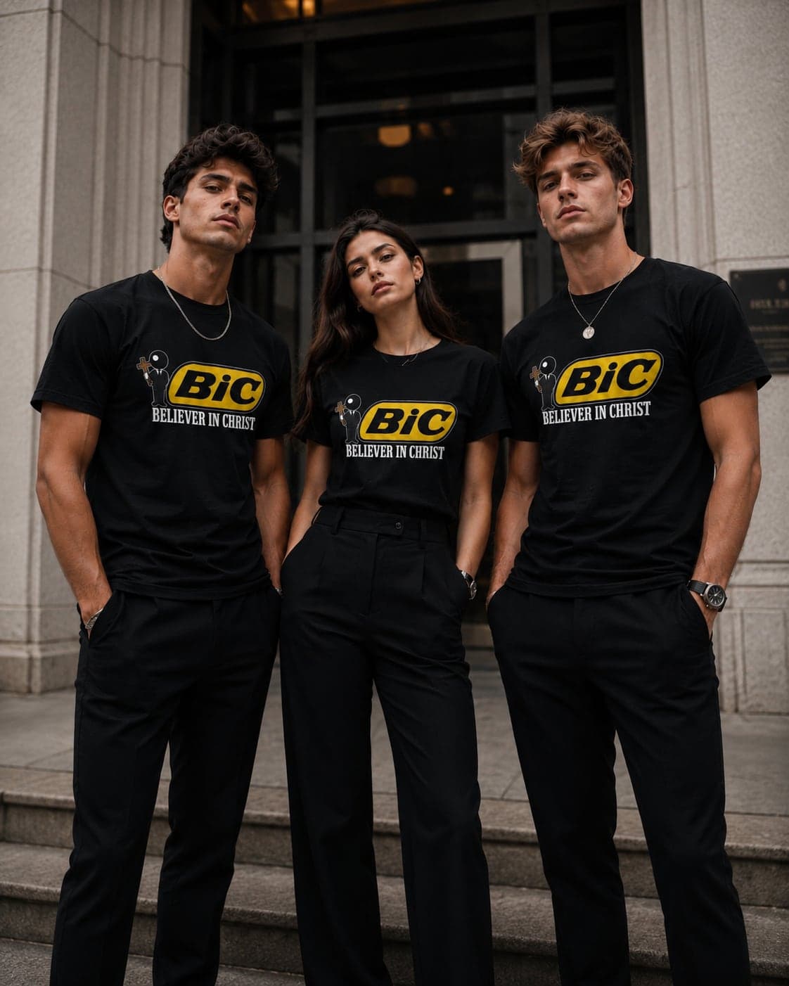Three young believers in Believer In Christ T-shirts in front of a city building