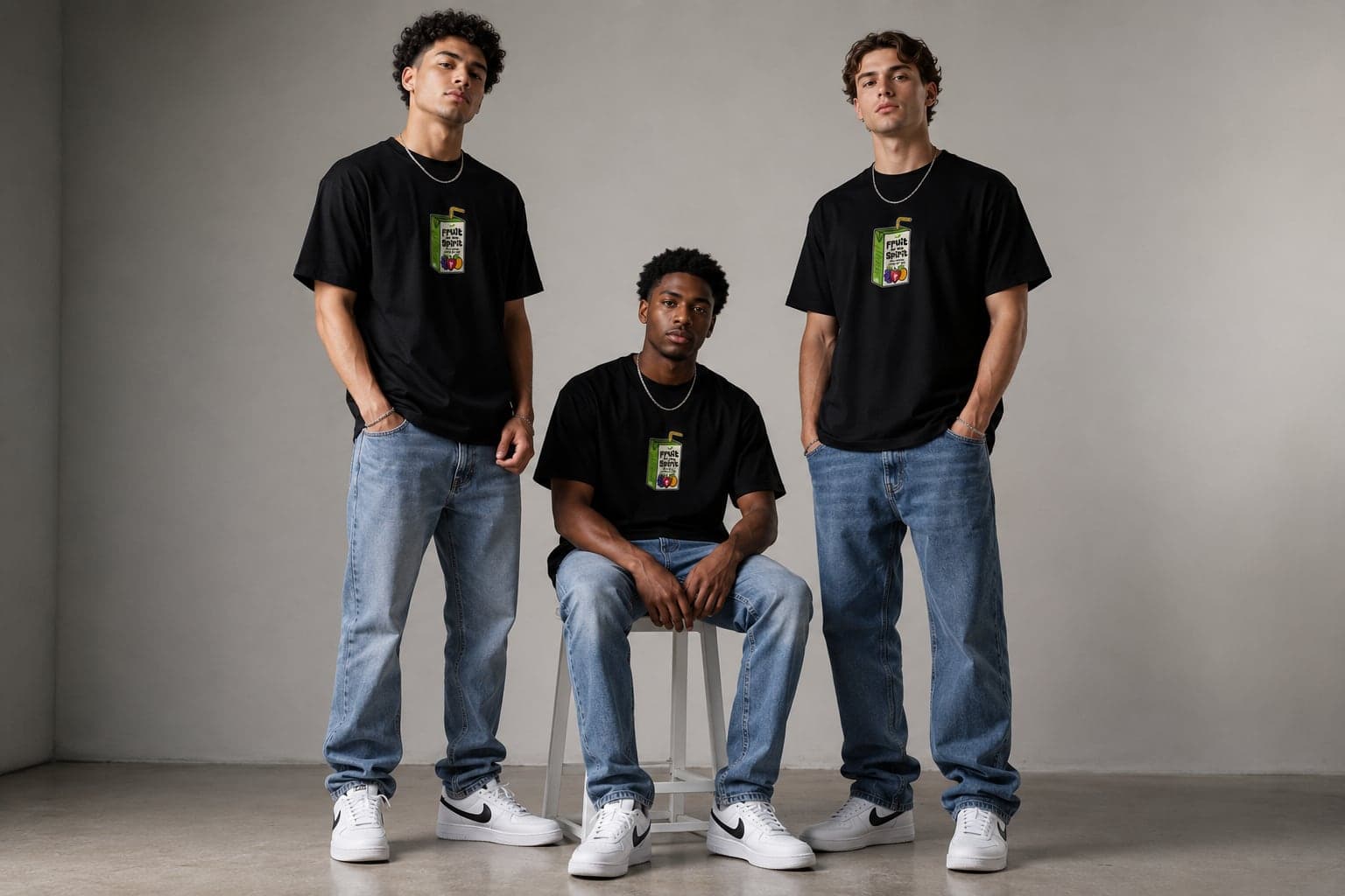 Three models wearing black Fruit Of The Spirit T-shirts in a studio